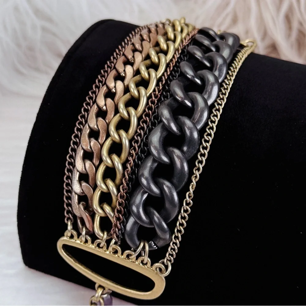 Beautiful, brushed brass tone, multi chain, wide toggle bracelet, costume